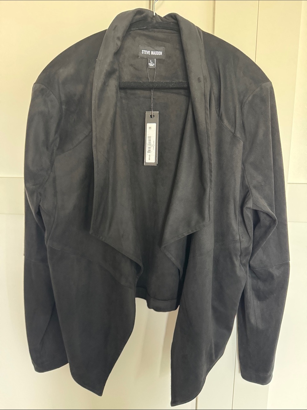 Steve Madden -Wade Faux Suede Black Open-Front Draped Jacket sz large NWT